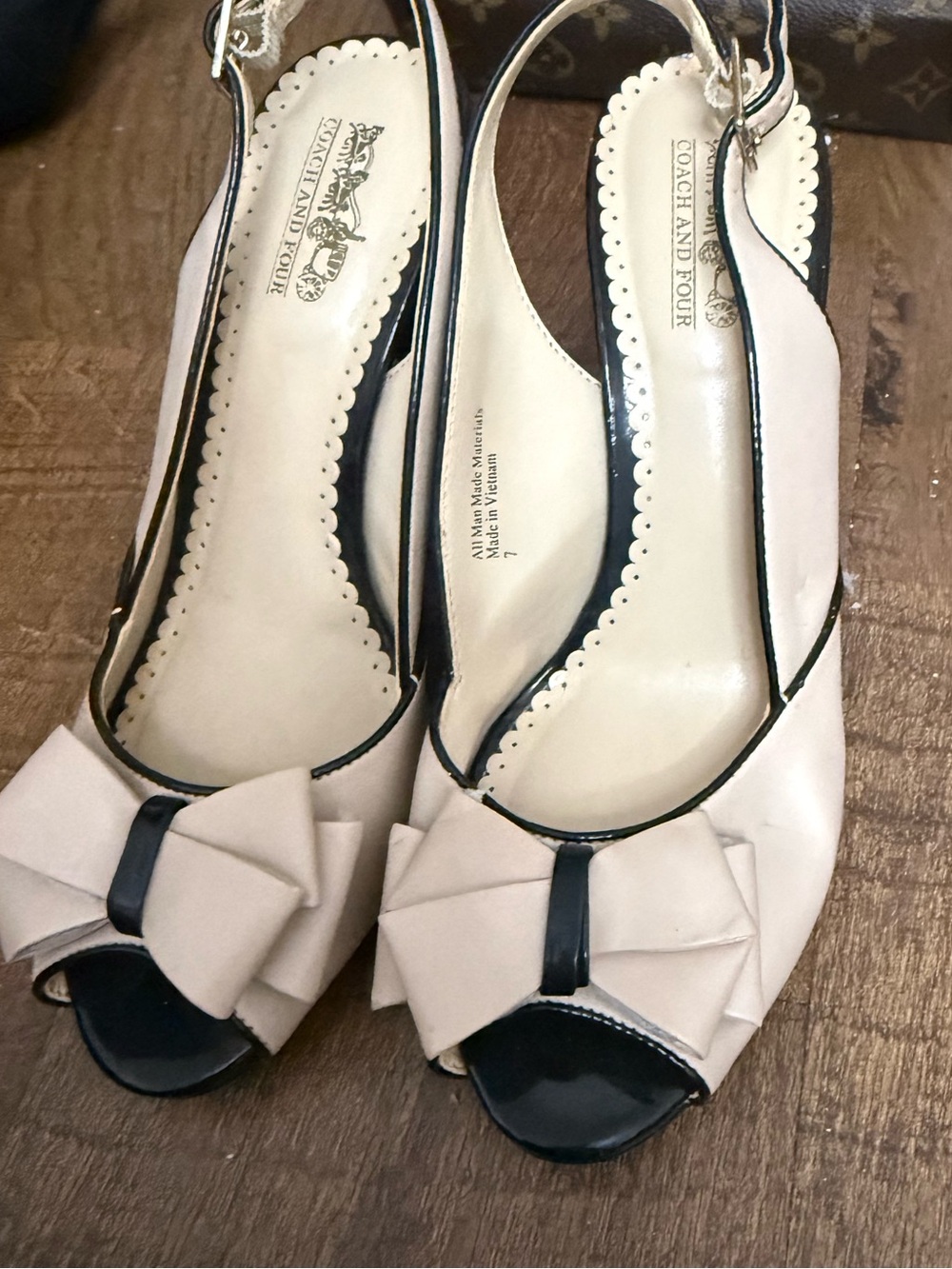 Coach and Four Ivory and Black Peep-Toe Slingback Heels with Bow